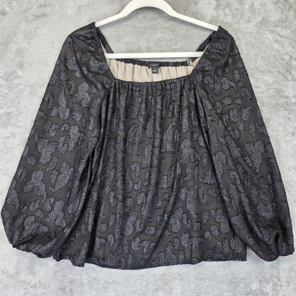Ann Taylor Blouse Womens XS Black Metallic Animal Jacquard Balloon Sleeve Top